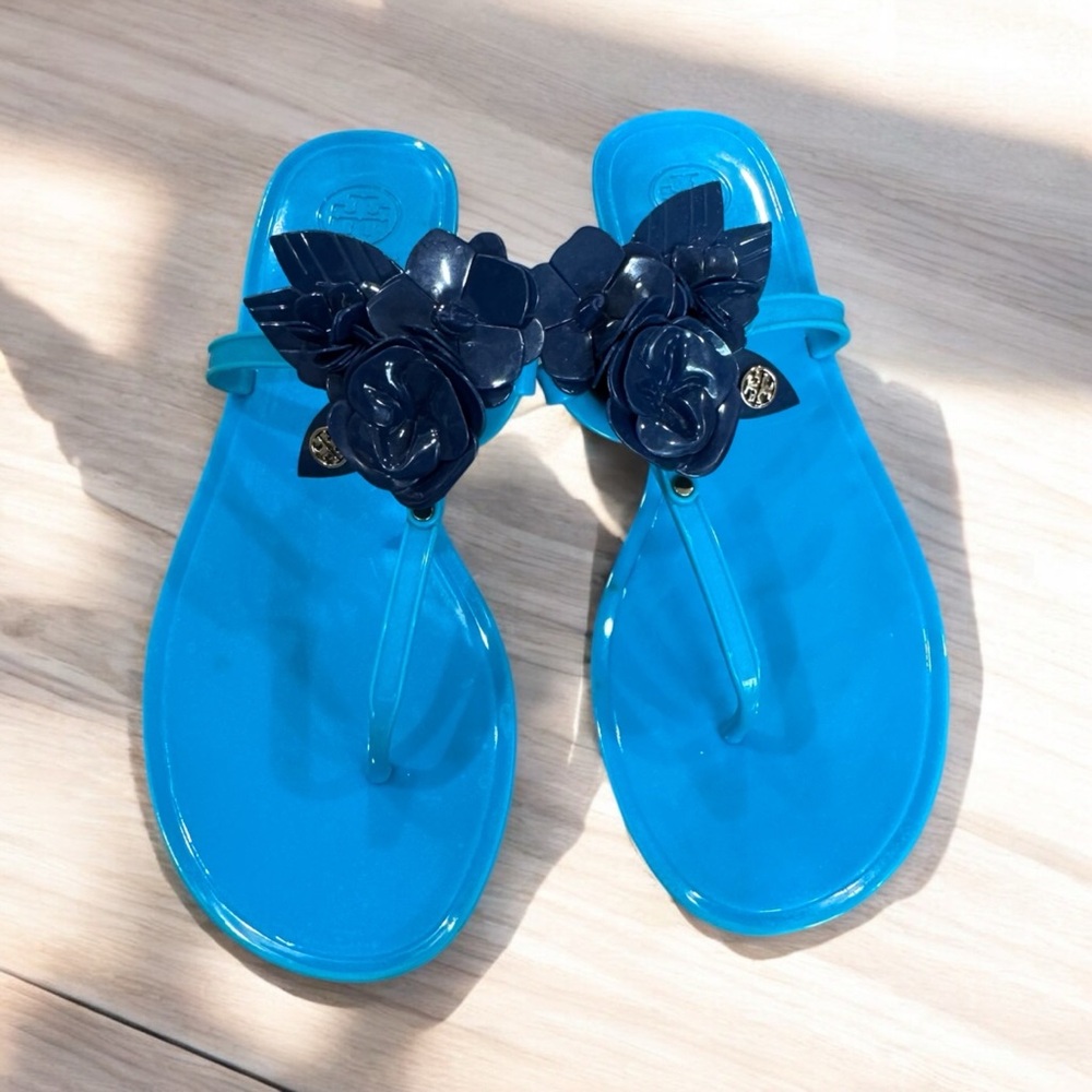 Tory Burch blue flower jelly sandals